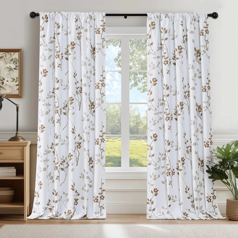 Beauoop Floral 100% Blackout Curtains for Bedroom Tan Brown 52X96 2 Panels