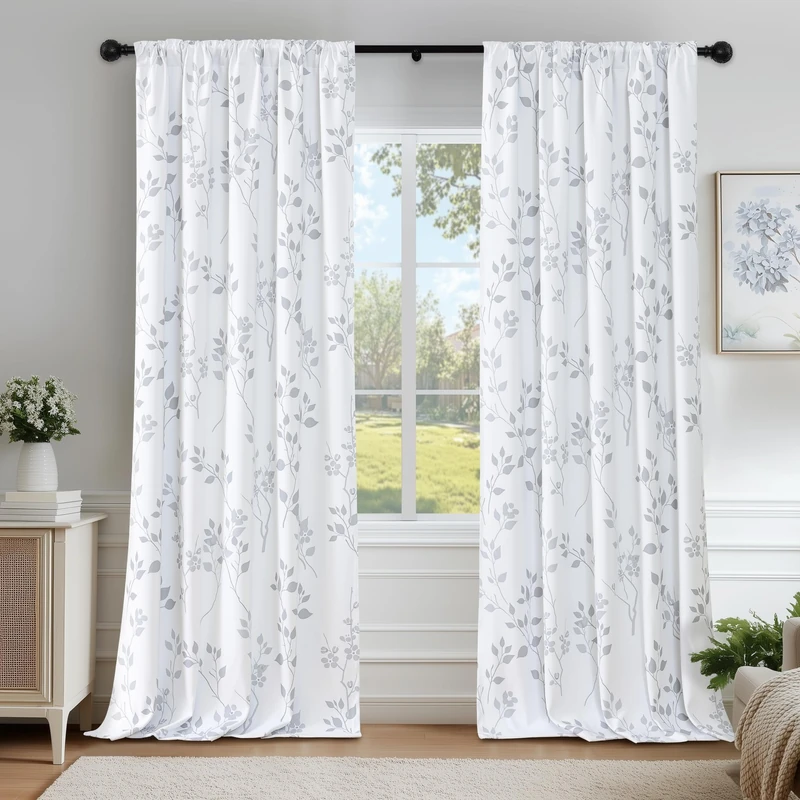 Beauoop Floral 100% Blackout Curtains for Bedroom Grey White 52X96 2 Panels