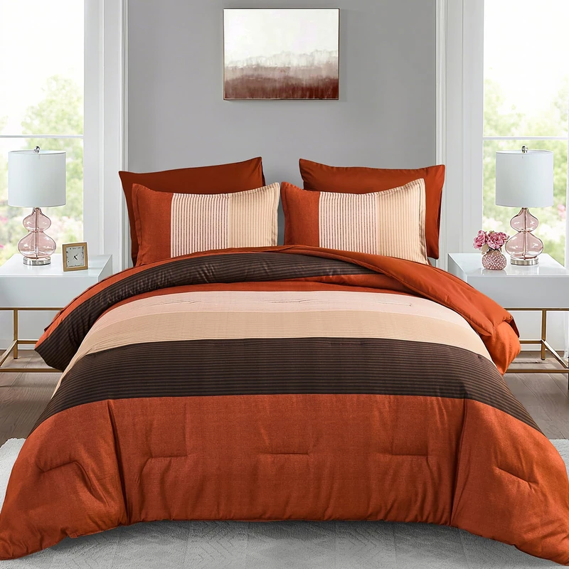 Anibedding King Size Terracotta Comforter Set 7 Pieces, Terracotta and White Patchwork Striped Bed in a Bag with Sheet Pillowcase for King Bed All Season