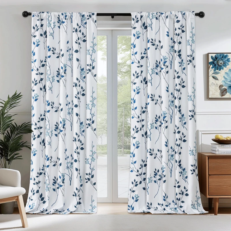 Beauoop Floral 100% Blackout Curtains for Bedroom Navy Blue 52X96 2 Panels