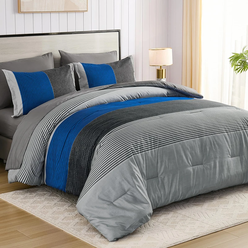 Anibedding Blue Queen Comforter Set 7 Pieces, Blue and Gray Patchwork Striped Bed in a Bag with Sheet Pillowcase for Queen Bed All Season