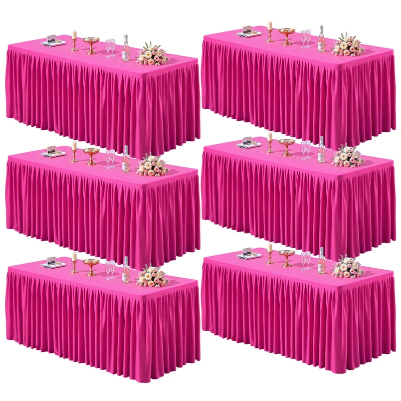 6 Pack Hot Pink Tablecloths for Rectangle Tables 8ft, Wrinkle Resistant Spandex Table Cover Fitted Stretch Table Cloth with Pleated Ruffle Skirts for Party Banquet Dining Birthday Wedding