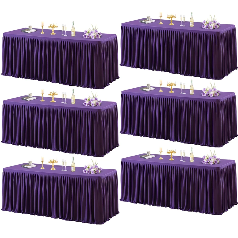 PARTISKY 6 Pack Purple Tablecloths for Rectangle Tables 8ft, Wrinkle Resistant Spandex Table Cover Fitted Stretch Table Cloth with Pleated Ruffle Skirts for Party Banquet Dining Birthday Wedding