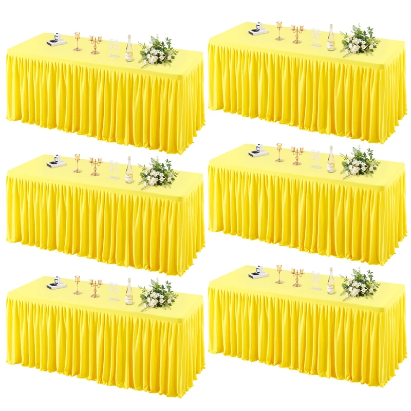 6 Pack Yellow Tablecloths for Rectangle Tables 8ft, Wrinkle Resistant Spandex Table Cover Fitted Stretch Table Cloth with Pleated Ruffle Skirts for Party Banquet Dining Birthday Wedding