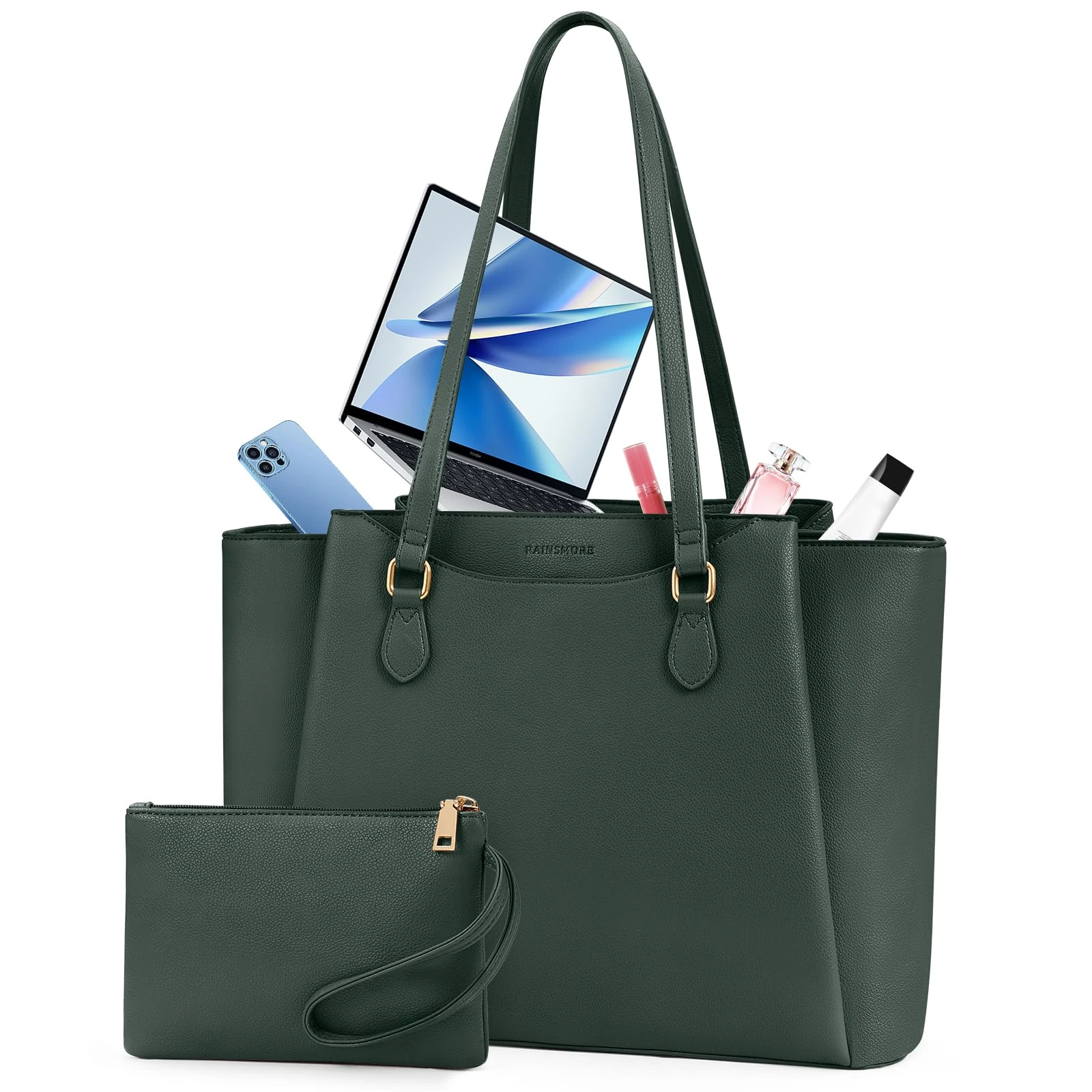RAINSMORE Laptop Tote Bags for Women 15.6 Inch, PU Leather Ladies Laptop Handbags with Clutch, Large Shoulder Work Bag for School Office Business Dark Green