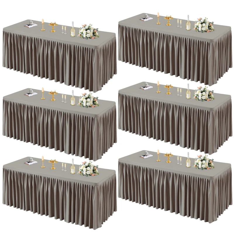 PARTISKY 6 Pack Natural Tablecloths for Rectangle Tables 6ft, Wrinkle Resistant Spandex Table Cover Fitted Stretch Table Cloth with Pleated Ruffle Skirts for Party Banquet Dining Birthday Wedding