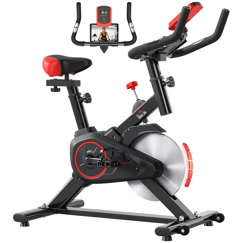 HOMCOM Exercise Bike for Home Use, Indoor Cycling Stationary Bike with Adjustable Resistance, Comfortable Seat, LCD Display, Heart Rate Sensor and Tablet Holder, for Home Gym Fitness