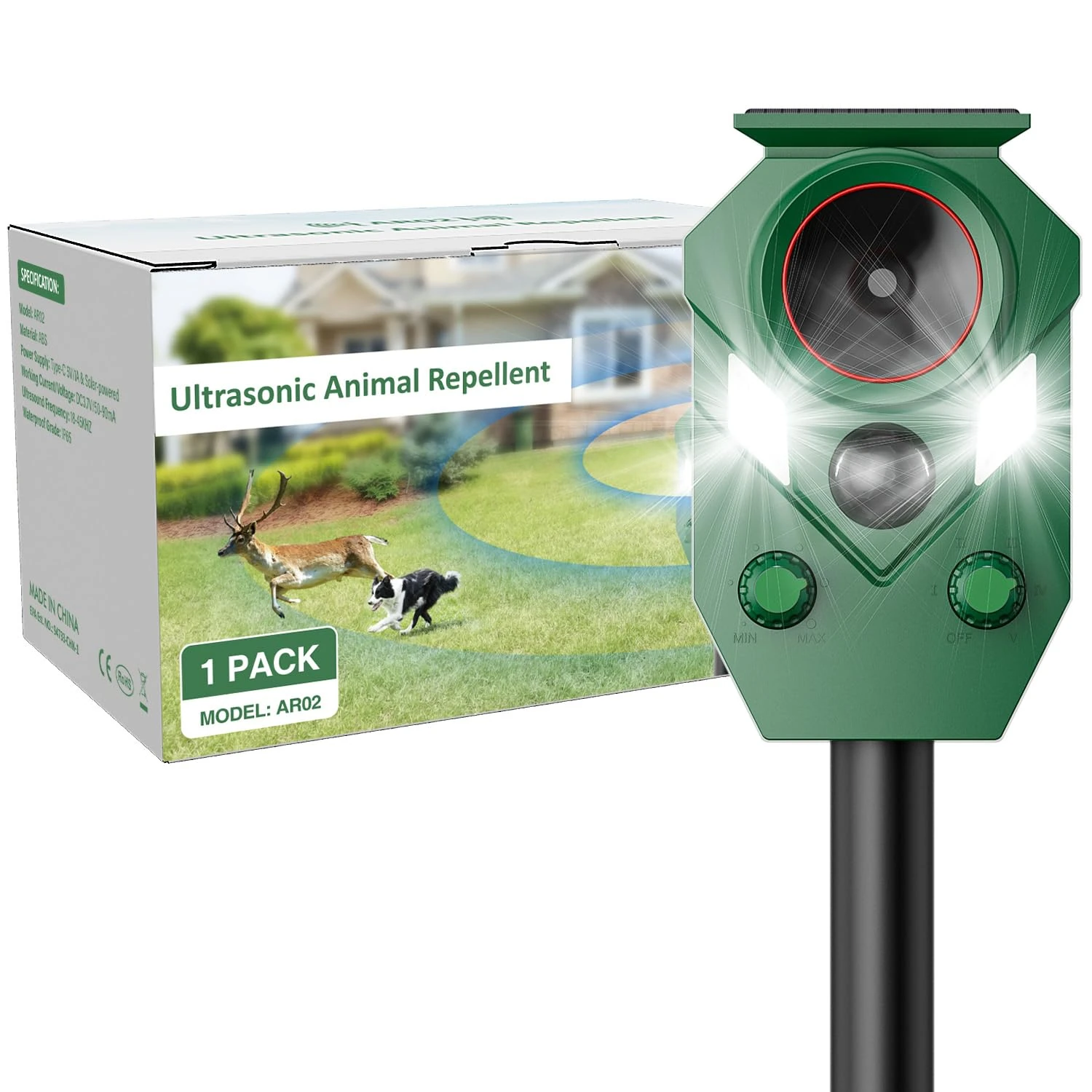 Joomouney Cat Repellent Garden, Cat Deterrent Animal Scarer Solar Ultrasonic Fox Deterrent with PIR Sensor&Flash Light 5 Modes USB Charging, IP65 Waterproof Animal Repellent for Cats Dog, Fox, Bird