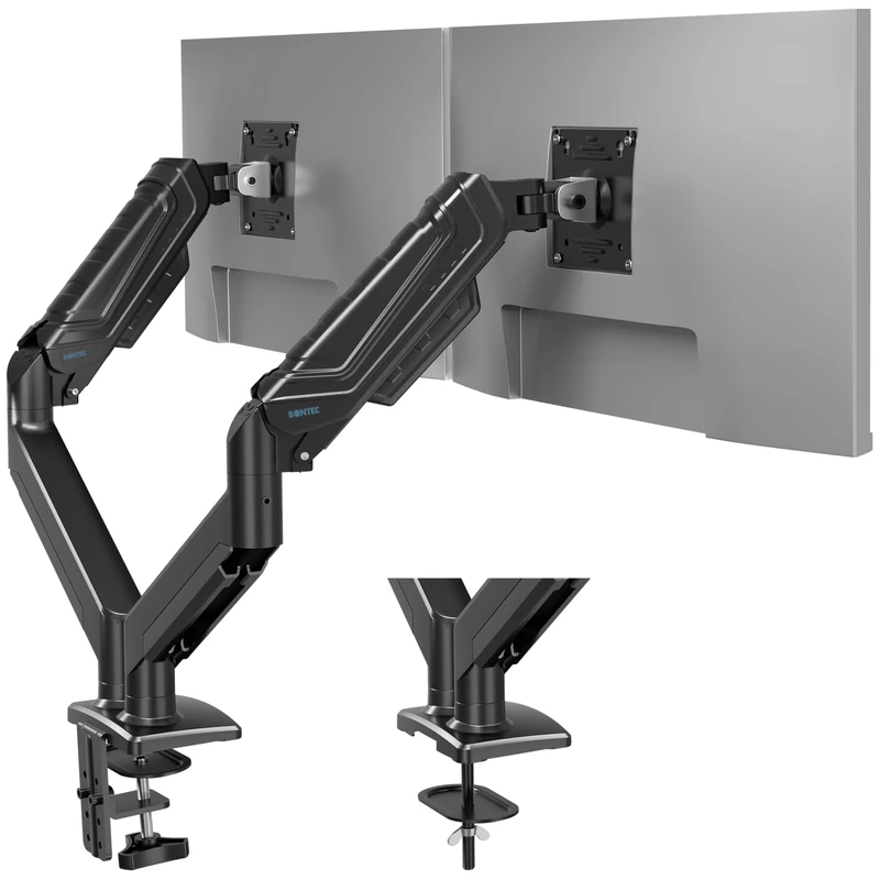 BONTEC Dual Monitor Stand for 15-34 Inch Screens, Adjustable Gas Spring Monitor Arm Desk Mount, Full Motion Adjustment, VESA 75x75 100x100, C Clamp, Ergonomic for Office or Gaming, Cable Management