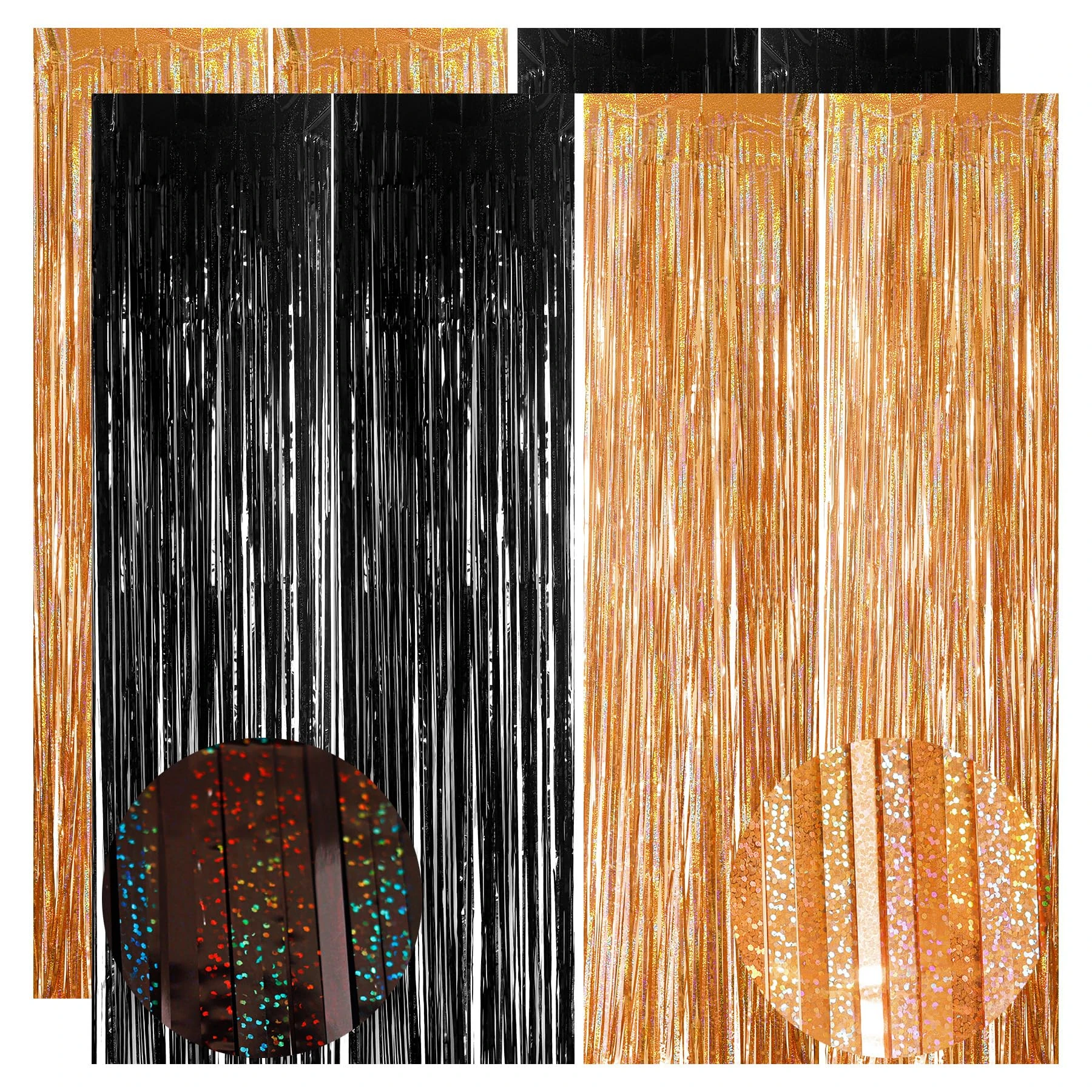 YAAVAAW 4pcs 3.2 x 8.3ft Glitter Black and Orange Tinsel Curtain Halloween Foil Curtain Door Streamers Fringe Backdrop Halloween Party Decorations Backdrop Banner for Indoor Home School Office