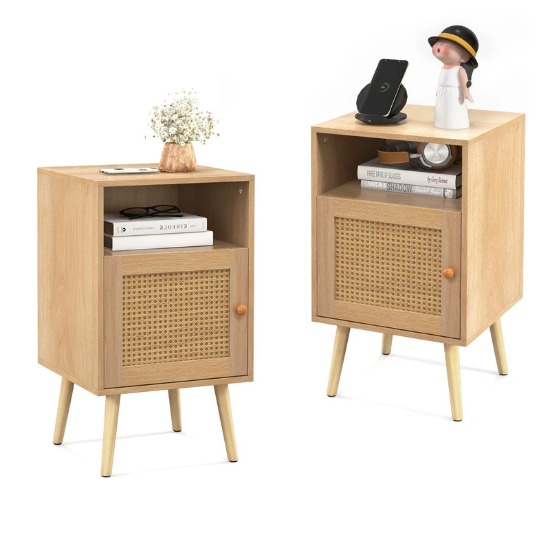 FANTASK Set of 2 Bedside Tables with Open Shelf and Door, 2-Piece Rattan Side Table, Bedside Cabinet, Country House Style for Bedroom and Living Room, 40 x 39 x 70 cm (Natural) - Image 1