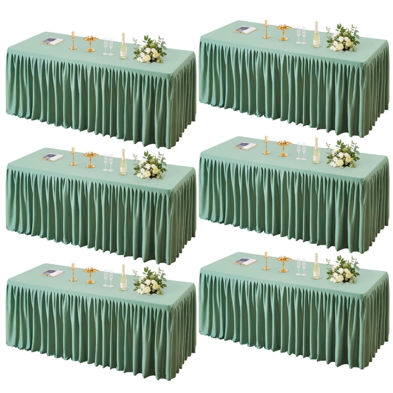 PARTISKY 6 Pack Sage Green Tablecloths for Rectangle Tables 6ft, Wrinkle Resistant Spandex Table Cover Fitted Stretch Table Cloth with Pleated Ruffle Skirts for Party Banquet Dining Birthday Wedding