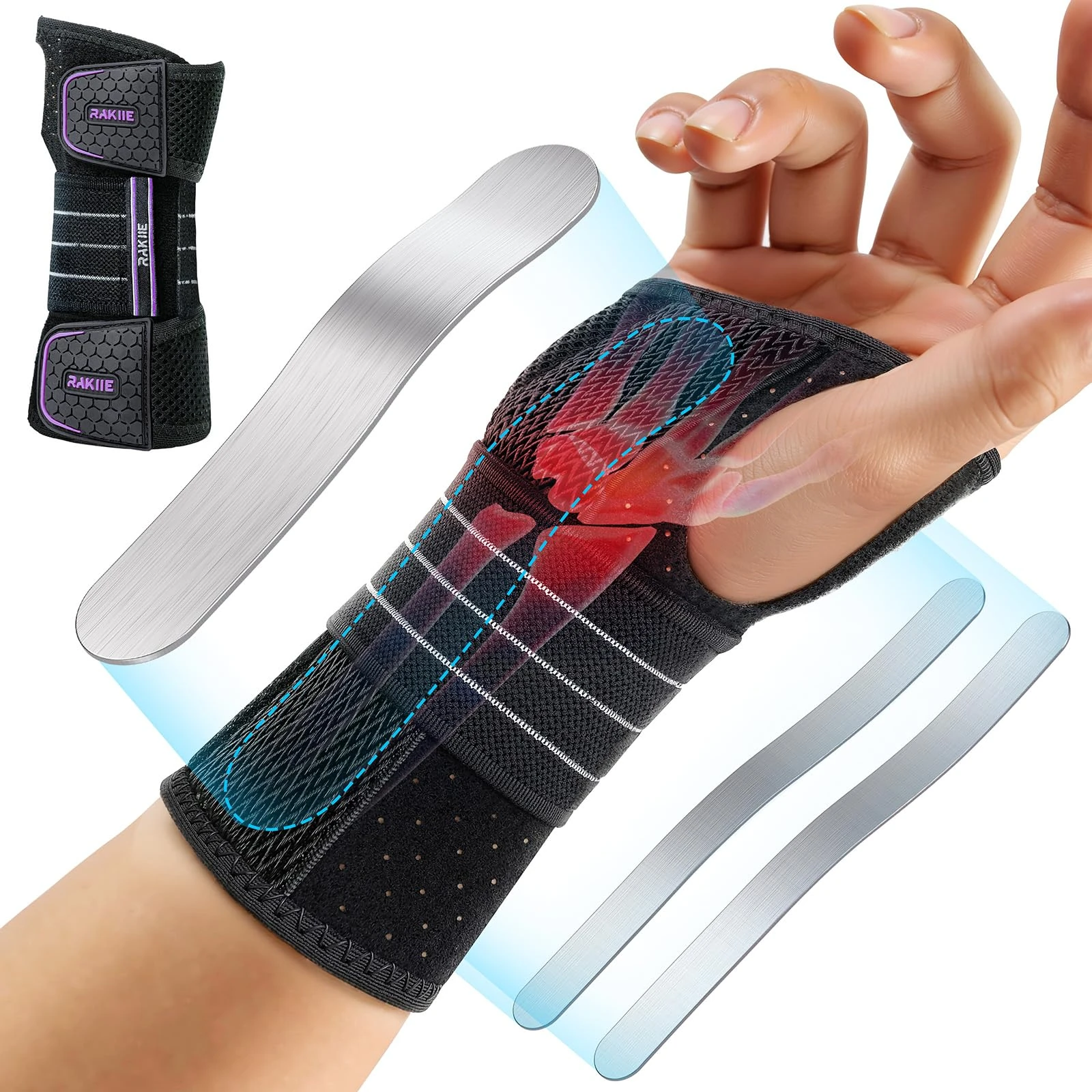 Rakiie Carpal Tunnel Wrist Brace, Adjustable Night Wrist Support with 3 Metal Splints, Hand Brace for Men Women No Pressure on Thumb, Splint Stabilizer for Work, Arthritis, Purple Right Hand, L