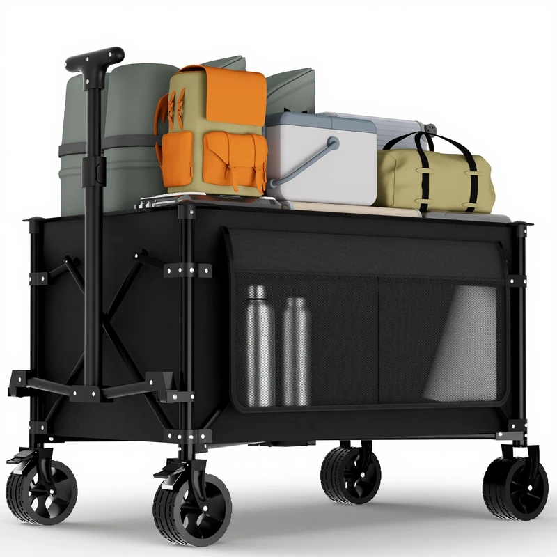 Favoyard 150L Heavy Duty Festival Trolley on Wheels, Folding Camping Trolley with All-Terrain Wheels and Adjustable Handle, Garden Wagon Cart for Beach Outdoor Camping Garden Picnic, Black