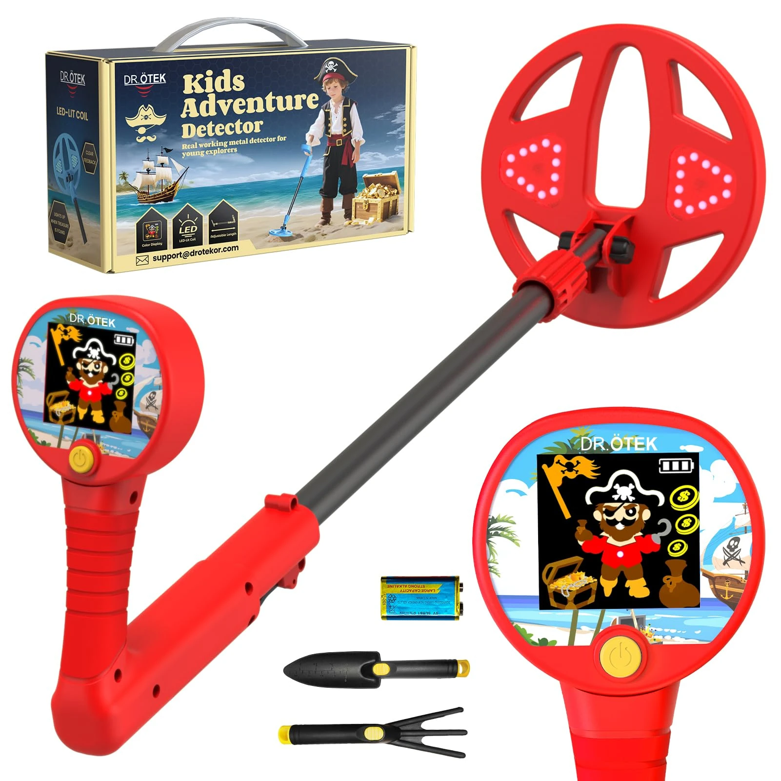 DR.ÖTEK Metal Detector for Kids – Innovative Color LCD Display, 17cm LED-Lit Coil, Adjustable & Ultra-Lightweight Kids Metal Detector, Child-Safe Rounded Design for Ages 3-12, Red