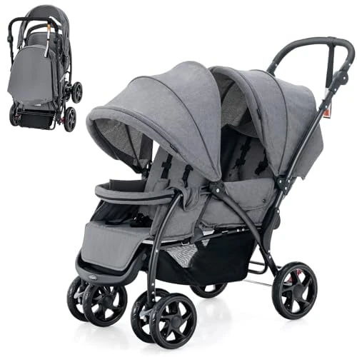 FANTASK Folding Twin Pushchair with Adjustable Backrest and Hood, for Babies from 6 Months, 30 kg Load Capacity (Grey)