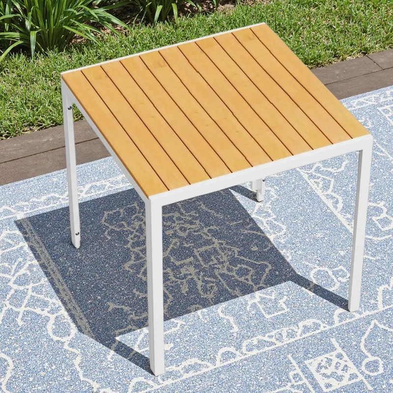 Clevich Weatherproof Garden Table 75 x 75 cm, Square Aluminium with WPC Table Top, Outdoor Dining Table for Balcony and Patio, Easy to Clean and Durable, White + Teak - Image 1