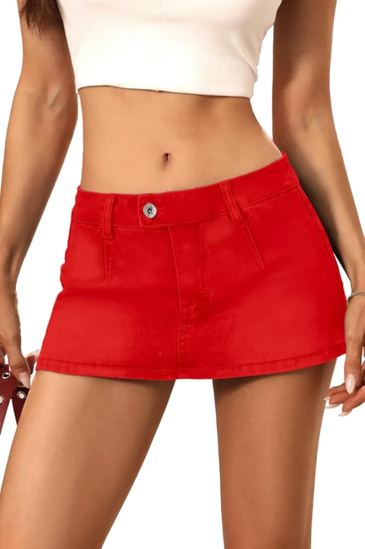 ELLEVEN Low Rise Denim Mini Skirt for Women, High Stretch Jean Skirt with Shorts Underneath Y2k Micro Skort, Red, L