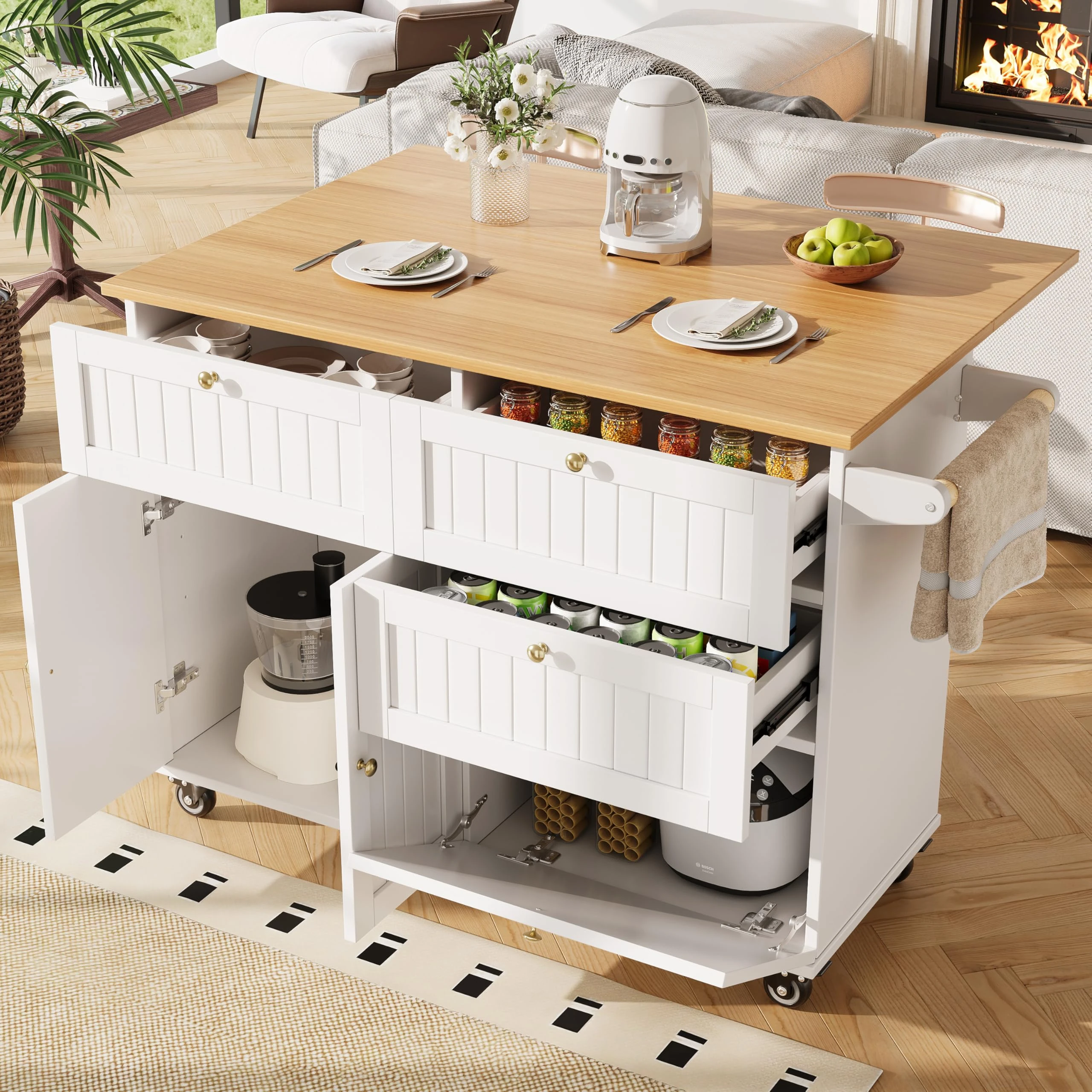 ModernLuxe Mobile Storage Islands Rolling Mobile Kitchen Island on Wheels, Portable Kitchen Cart with Drop Leaf, 3 Drawers, Storage Cabinet, Breakfast Bar, Towel Rack, Adjustable Tabletop, White