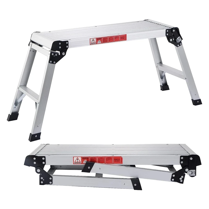 FANTASK Aluminium Work Platform, Folding Workbench with Safety Locks, Step Bench 150 kg Load Capacity, Work Platform with Non-Slip Mats, Step Ladder for Workshop, Home, Office & Garage (Silver)