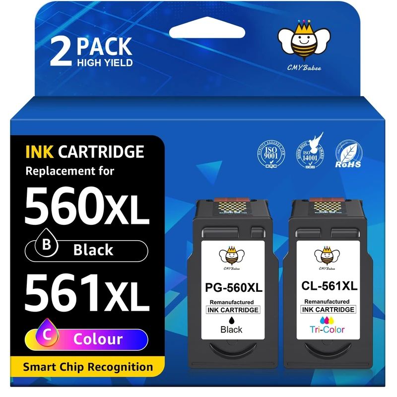 CMYBabee 560 561 XL Ink Cartridges Replacement for Canon PG-560 CL-561 Compatible with Canon PIXMA TS5350i TS7450i TS5351i TS7451 TS5350 TS5350a TS5352 TS5300 Series (1 Black, 1 Colour, 2-Pack)