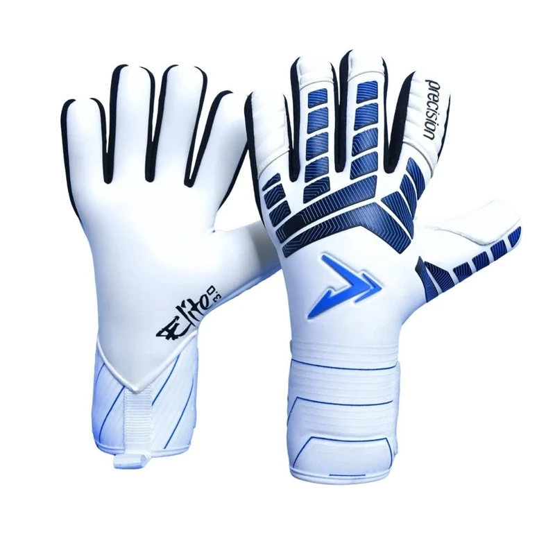 Precision Elite 3.0 Giga Goalkeeper Gloves, 4 mm Giga Latex Grip, Super Lite Negative Cut, All Weather Strapless or Strapped Fit, 8, White/Black/Blue