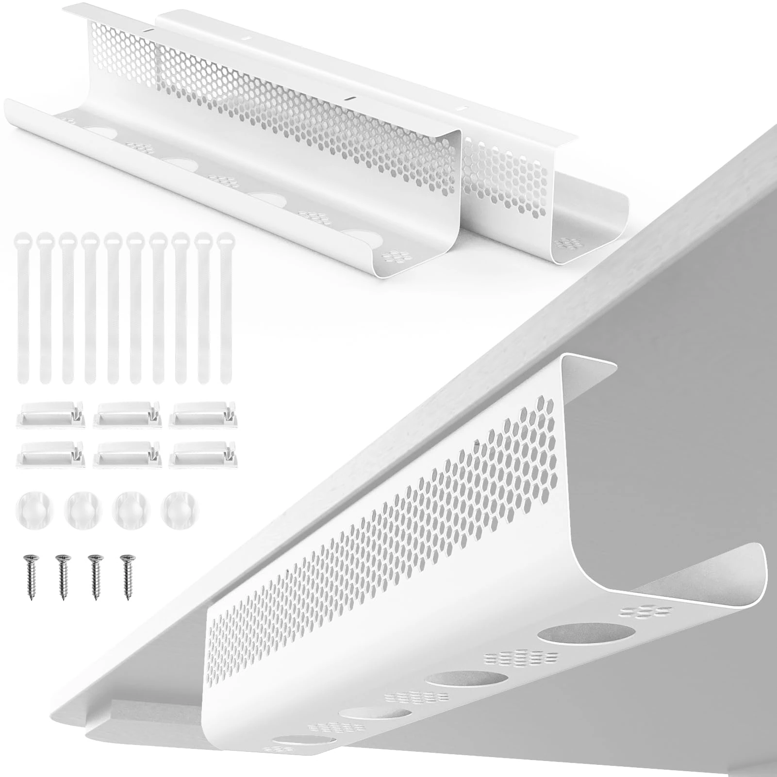 KHAMAL Under Management Cable Tray - 2 Pack Cable Management Under, Cable Tray for Tidy Office and Home Desk（White)