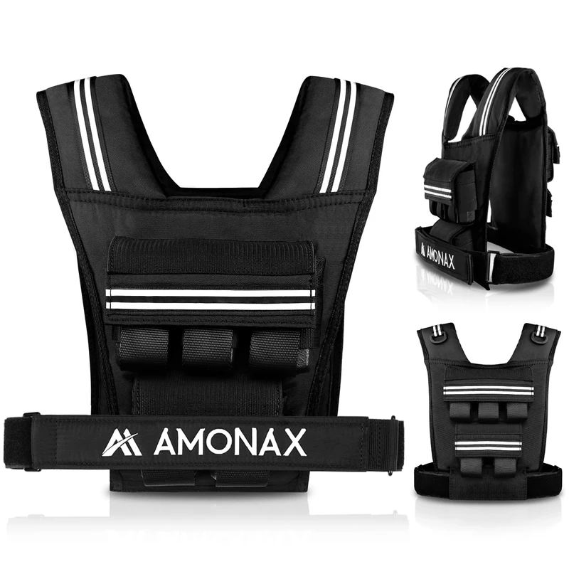 Amonax Weighted Vest for Women and Men, 10kg/20kg/30kg Adjustable Weight Vests with Reflective for Fitness Workout, Weighted Running Vest for Walking, Home Gym Strength (Black - 10kg)