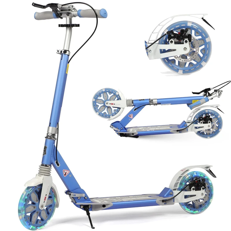 Foldable Kick Scooter for Kids Ages 8-12, 200mm Big Wheels Scooter for Adults with Disc Brakes, Adult Scooters with Carry Strap and Height Adjustable for Teenagers 11-15 (LED - Light Blue)