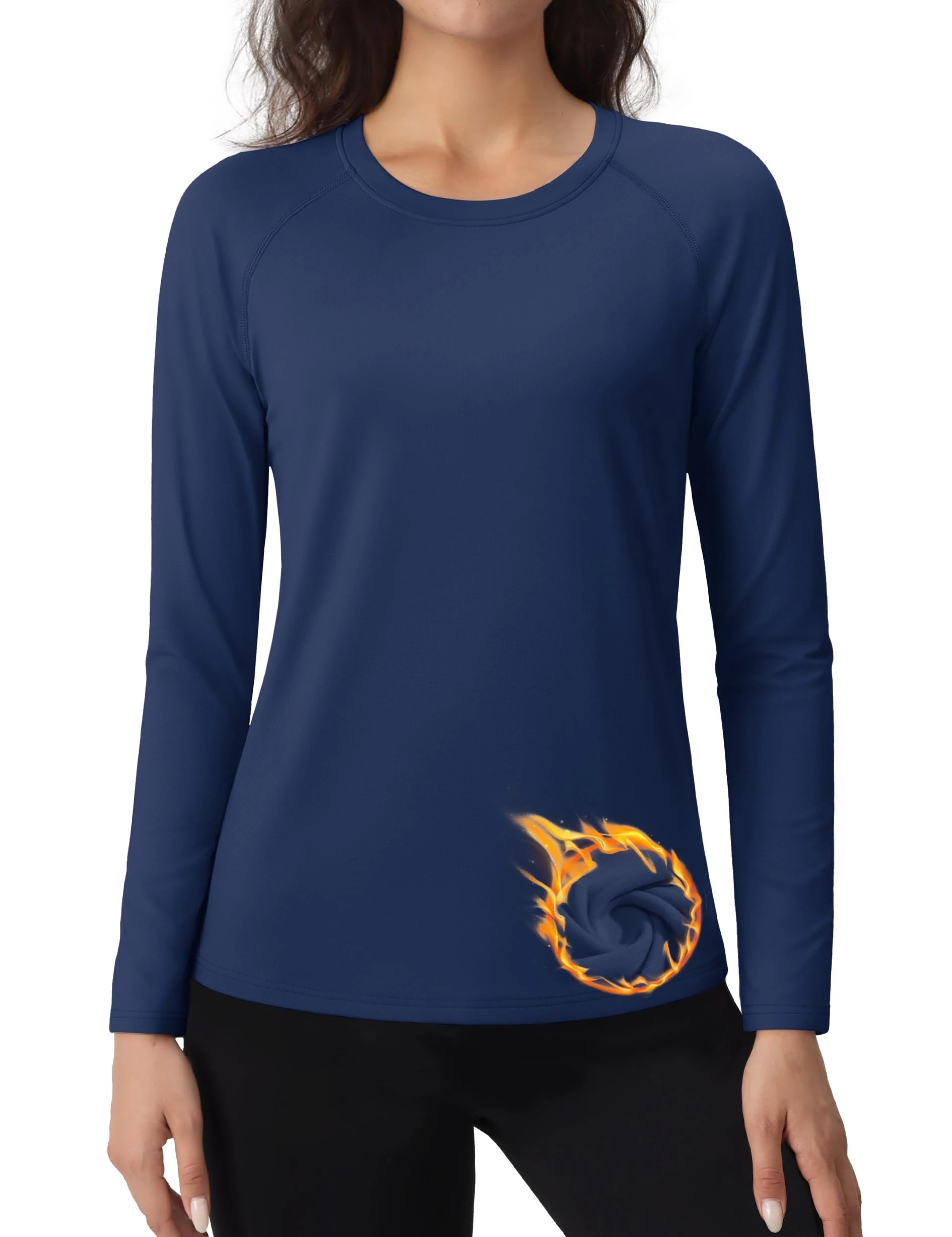 TACVASEN Thermal Underwear Women Long Sleeve Fleece Lined Crew Neck Compression Shirt Winter Outdoors Thermal T Shirts Navy, L