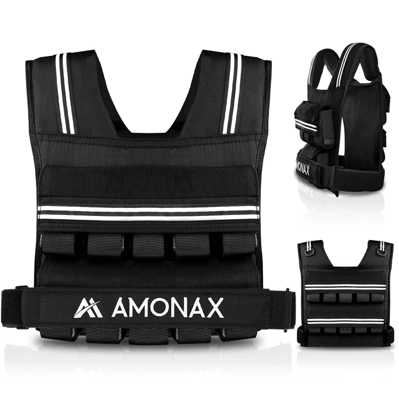 Amonax Adjustable Weighted Vest for Women and Men, 0.8–10kg/1.1–20kg/1.5–30kg Reflective Running Vest with Light Weights, Ideal for Fitness Workout, Muscle Building & Home Gym Strength (Black - 20kg)