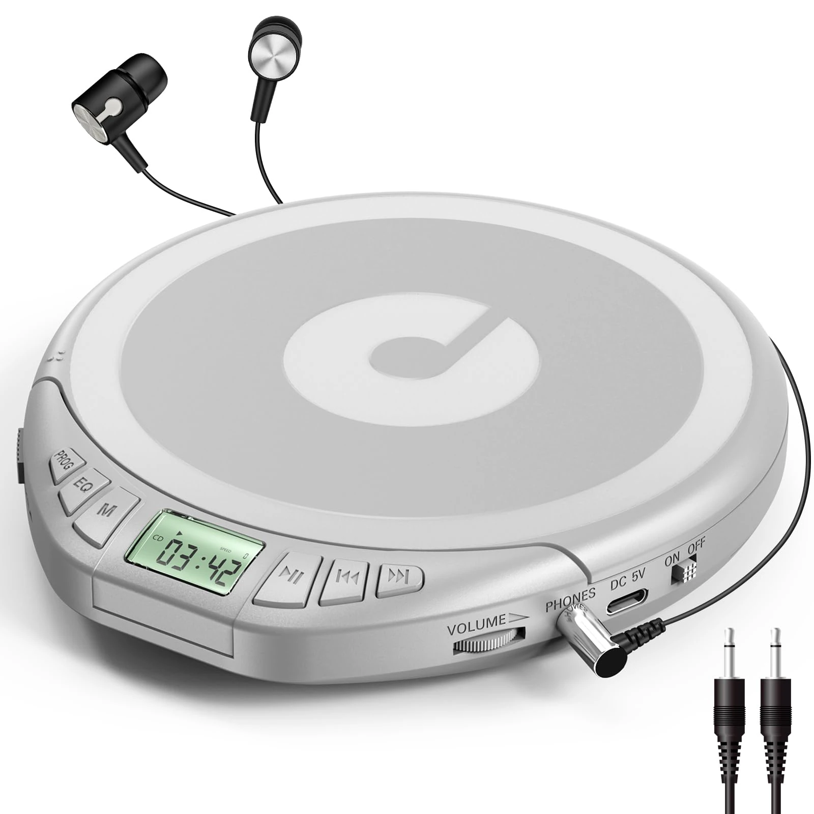 Gueray CD Player Portable Personal CD Players with Headphones LCD Display Anti-Skip Protection HiFi Classic CD Music Player Support PROG Memory Function CD Player for Car Home (Silver)