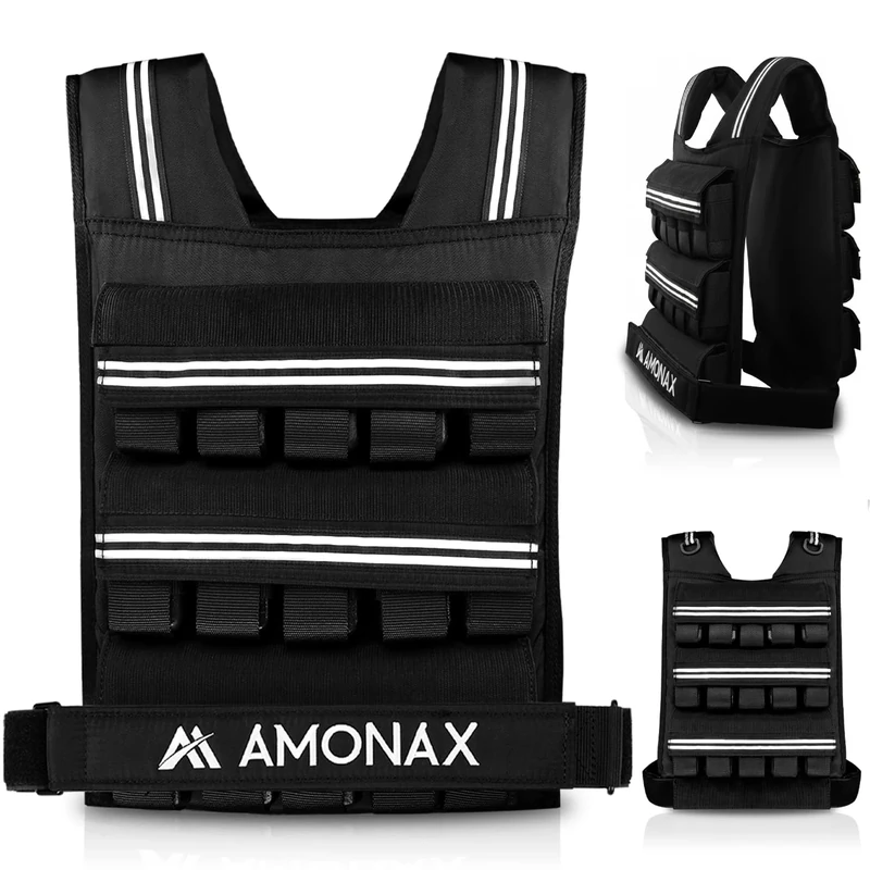 Amonax Weighted Vest for Women and Men, 10kg/20kg/30kg Adjustable Weight Vests with Reflective for Fitness Workout, Weighted Running Vest for Walking, Home Gym Strength (Black - 30kg)