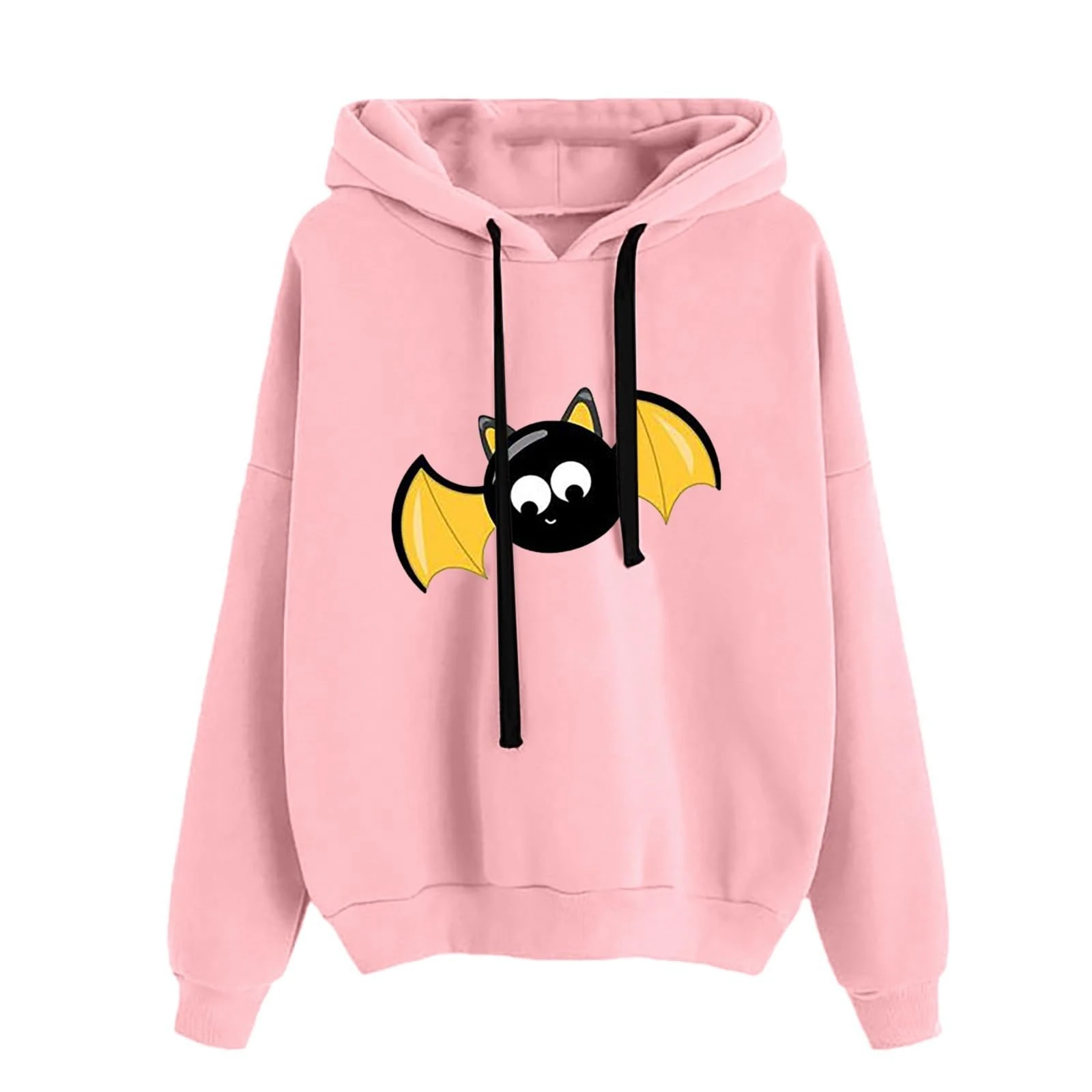 Sweatshirts for Women Uk Halloween Cute Bat Print Drawstring Round Neck Hoodies Fall Winter Loose Fit Comfortable Fashion Casual Tops Halloween Costumes