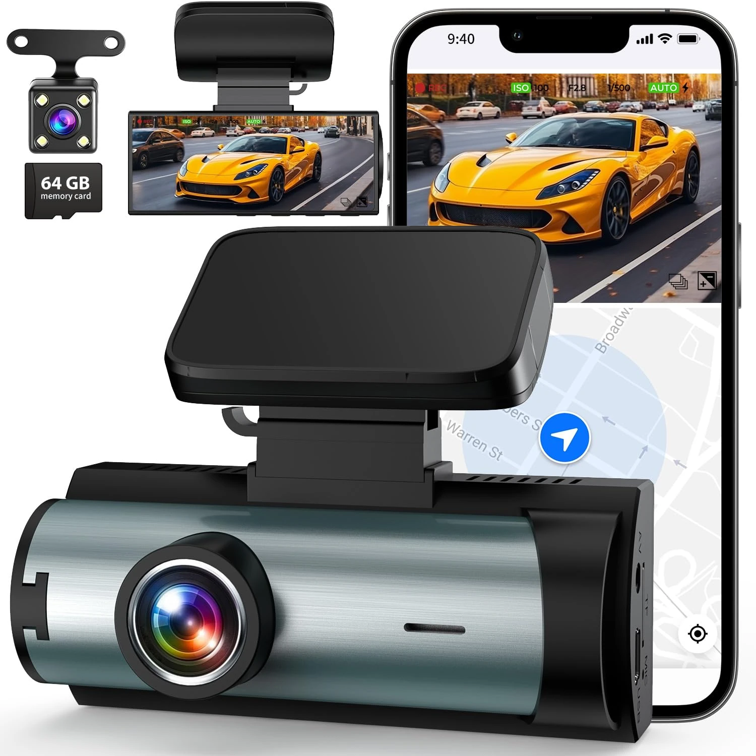 Dash Cam Front and Rear, WiFi Dashcam with 64GB SD Card, 1080P Full HD Dual Car Camera Dash Cam Dashboard Camera, 3" IPS Display, Night Vision, G-Sensor, Loop Recording, APP Control (Black)