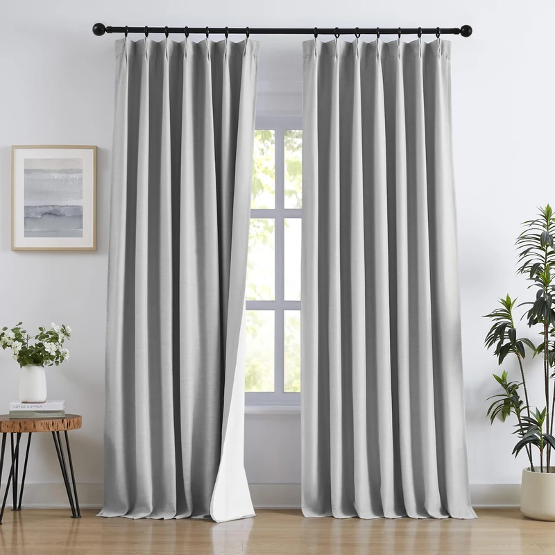 Treatmentex Grey Linen Pinch Pleat Curtains for Bedroom 95 Inches Long, Rustic Memory Trained Blackout Window Curtains with White Curtain Liner for Guest Room, 40x95 Inch 2 Panels Set, Back Tab