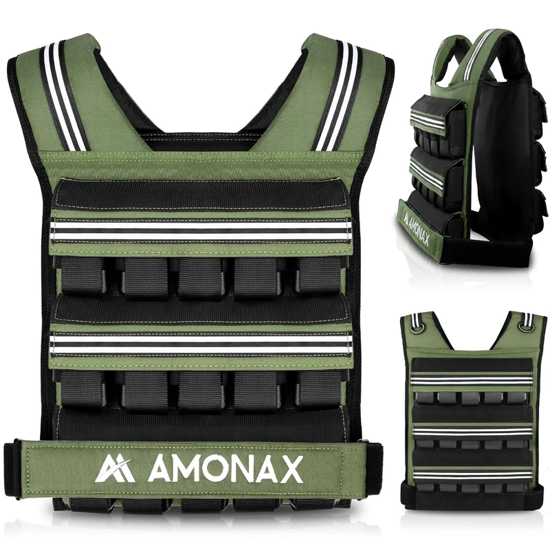 Amonax Weighted Vest for Women and Men, 10kg/20kg/30kg Adjustable Weight Vests with Reflective for Fitness Workout, Weighted Running Vest for Walking, Home Gym Strength (Green - 30kg)