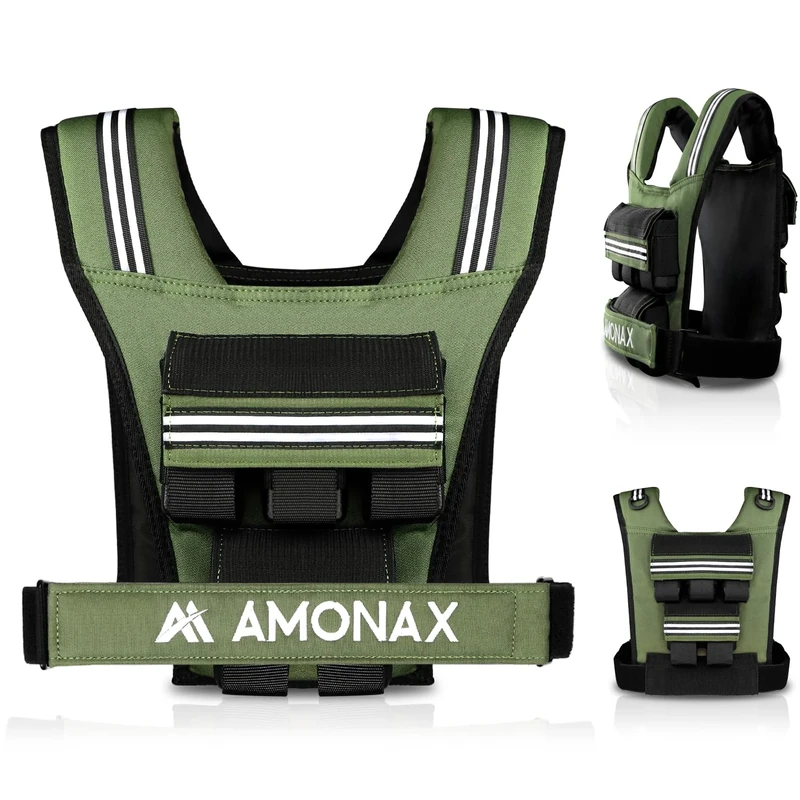 Amonax Weighted Vest for Women and Men, 10kg/20kg/30kg Adjustable Weight Vests with Reflective for Fitness Workout, Weighted Running Vest for Walking, Home Gym Strength (Green - 10kg)