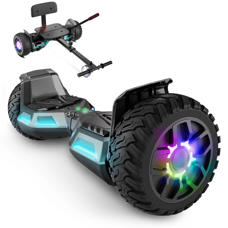 Scooter with Seat, 8.5" Hoverboard Go Kart Combo with Colorful LED Lights and Bluetooth, for Kids Boys Girls Adults All Ages