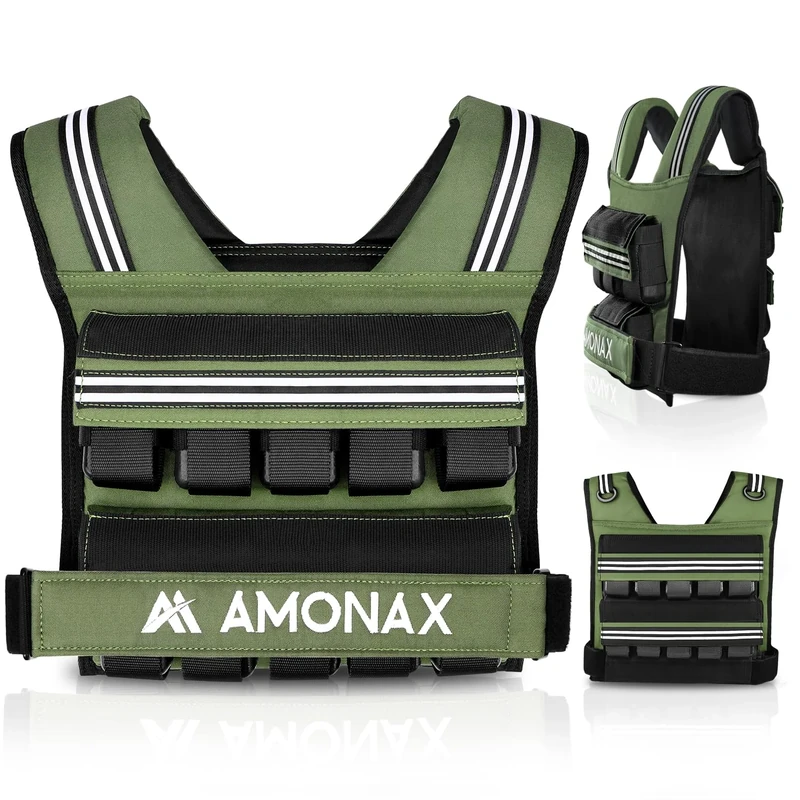 Amonax Weighted Vest for Women and Men, 10kg/20kg/30kg Adjustable Weight Vests with Reflective for Fitness Workout, Weighted Running Vest for Walking, Home Gym Strength (Green - 20kg)