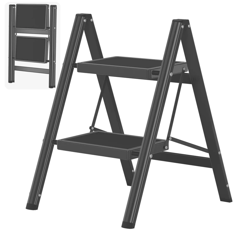 DIAMONDFORGE 2 Step Ladder, Folding Step Stool with Anti-Slip Wide Pedal, Anti-Slip Feet, Sturdiest Steel Construction, 600lbs Capacity Steel Ladder for Home and Office, Black