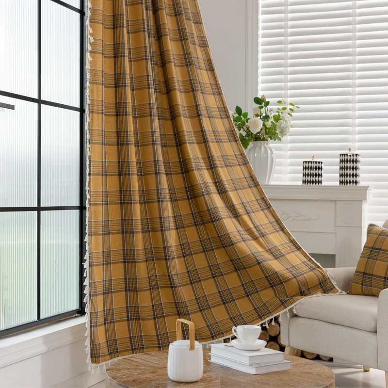 Erbnaryx Plaid Curtain 59W x 63L Inches,2 Panel Light Filtering Privacy Rod Pocket, Vintage Handmade Tassels Country Decor Drapery.Drape Textured Tartan Curtain for Living Room Bedroom (Caramel)