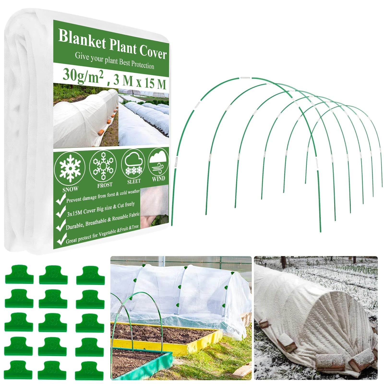 Garden Fleece Frost Protection Garden Hoops Kit, 3M x 15M Horticultural Fleece, Non-Woven Frost Fabric Cover Plant Fleece for Outdoor Plants, Gardenhouse Garden Hoops for Raised Bed Frost Protection
