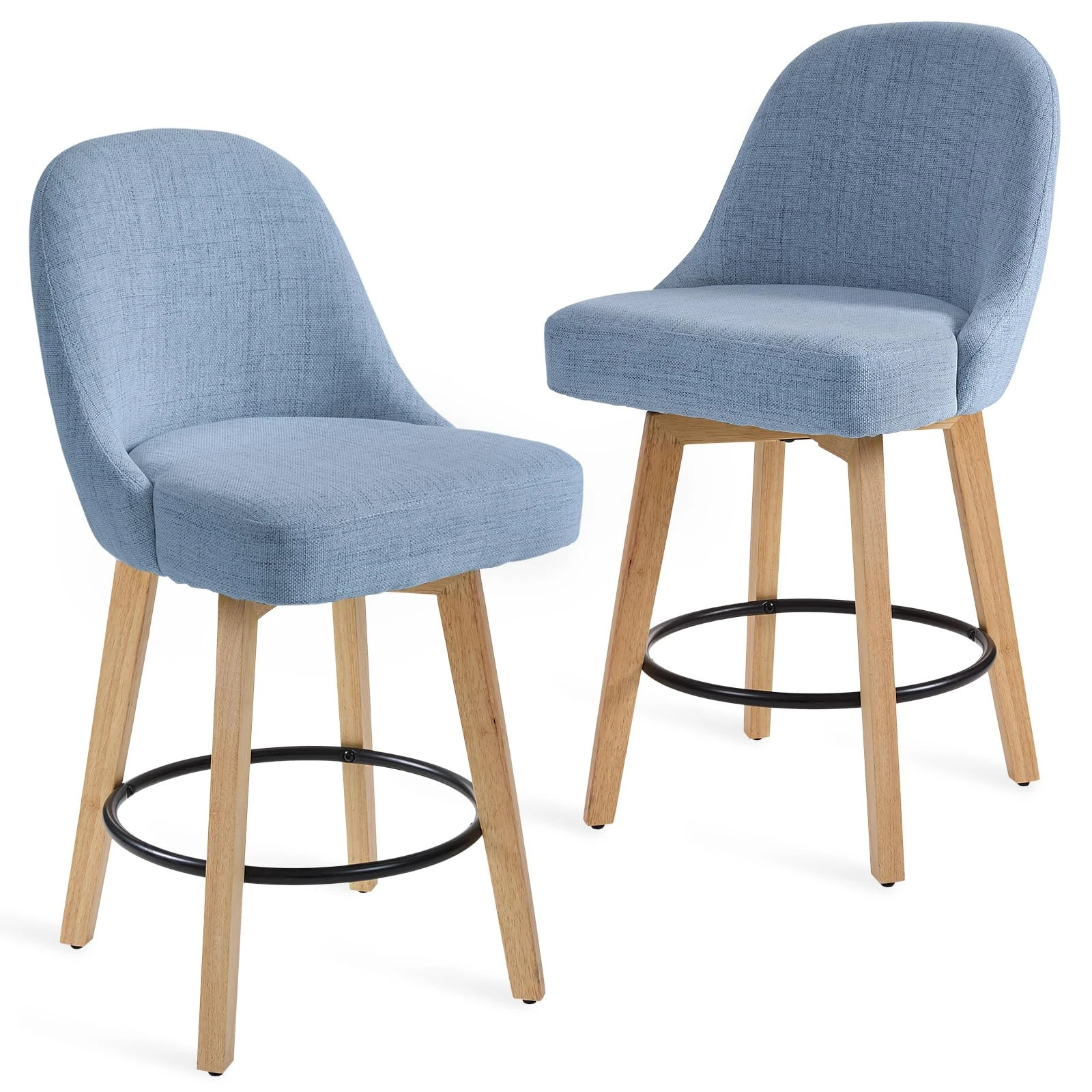 Warmiehomy Swivel Bar Stools Set of 2, Kitchen Breakfast Bar Chairs Stools for Kitchen Counter, Linen Fabric Upholstered Barstools with Backs and Wooden Legs, 65cm Seat Height (Light Blue, 2pcs)