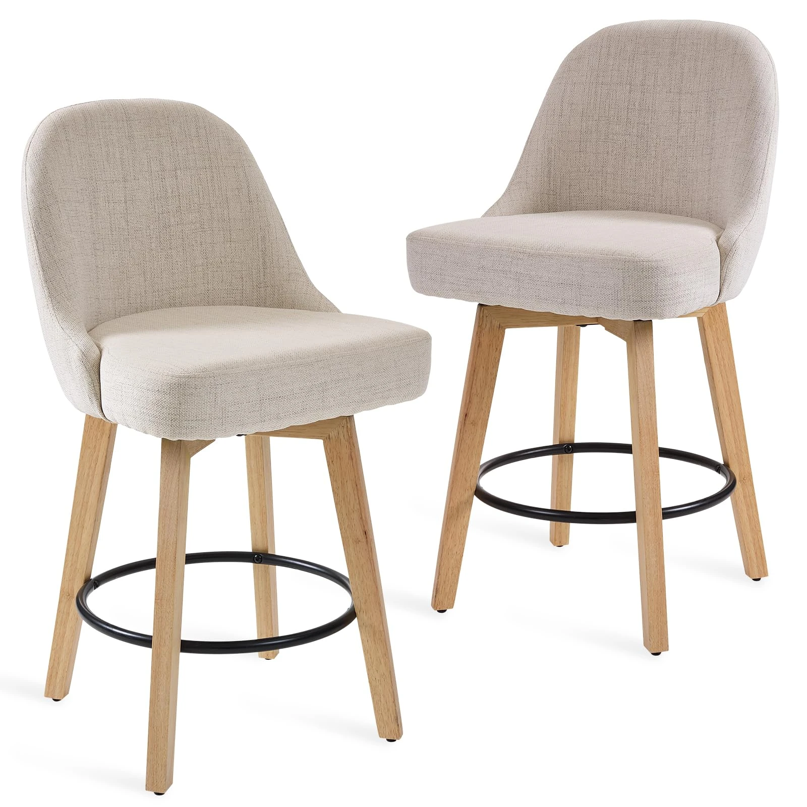 Warmiehomy Set of 2 Bar Stools with Back and Wooden Legs, Modern Linen Fabric Upholstered Barstools, 65cm Seat Height Swivel Kitchen Breakfast Bar Chairs Stools for Kitchen Counter, (Beige, 2pcs)