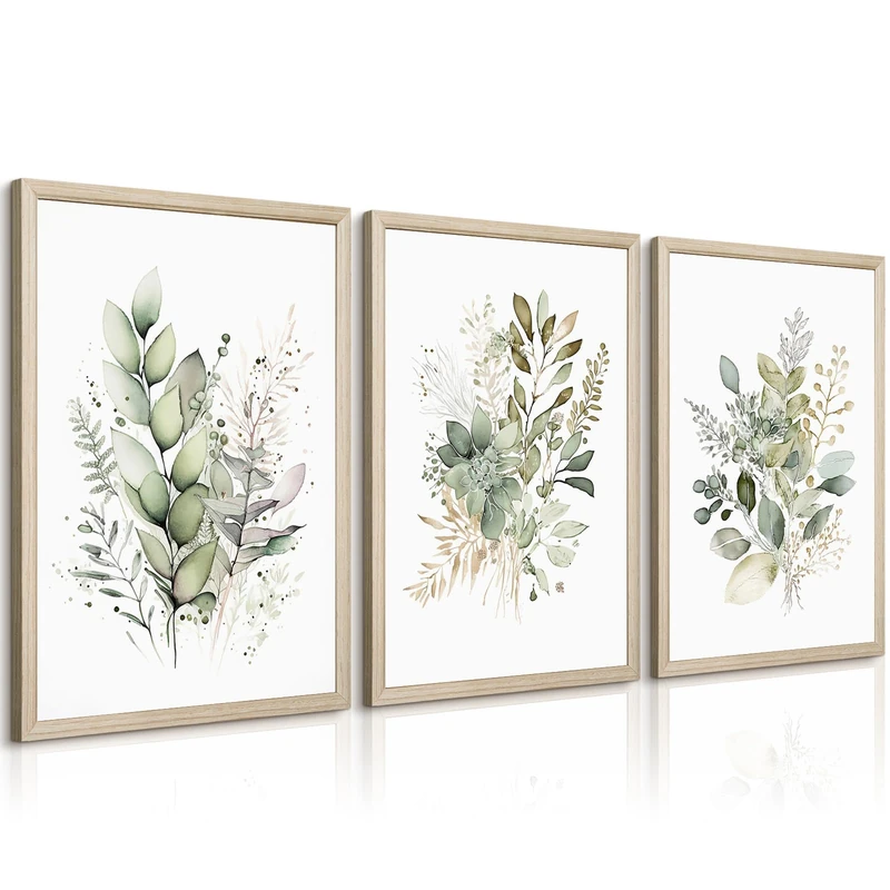 Watercolor Botanical Wall Art Set of 3 Boho Floral Canvas Wall Decor Prints Sage Green Wildflower Wall Art Modern Flower Pictures Botanical Painting for Bedroom Bathroom 16x24 Inch Wood Framed