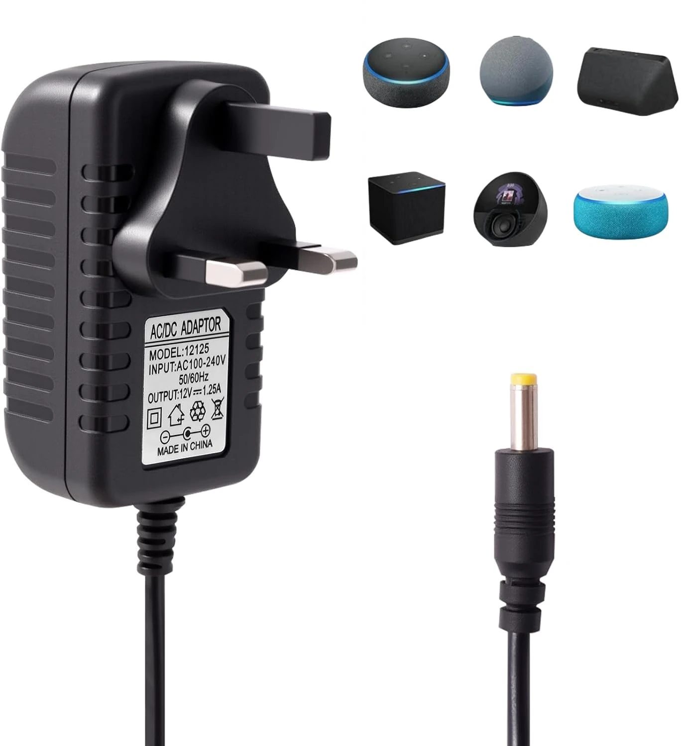 12V 1.25A 15W Power Supply Charger for Echo Dot (3rd/4th/5th Gen) Echo Show 5(1st 2nd Gen) Echo Spot Fire TV Cube Replacement Adapter Charging 4.0 * 1.7mm 2M Power Cord Black