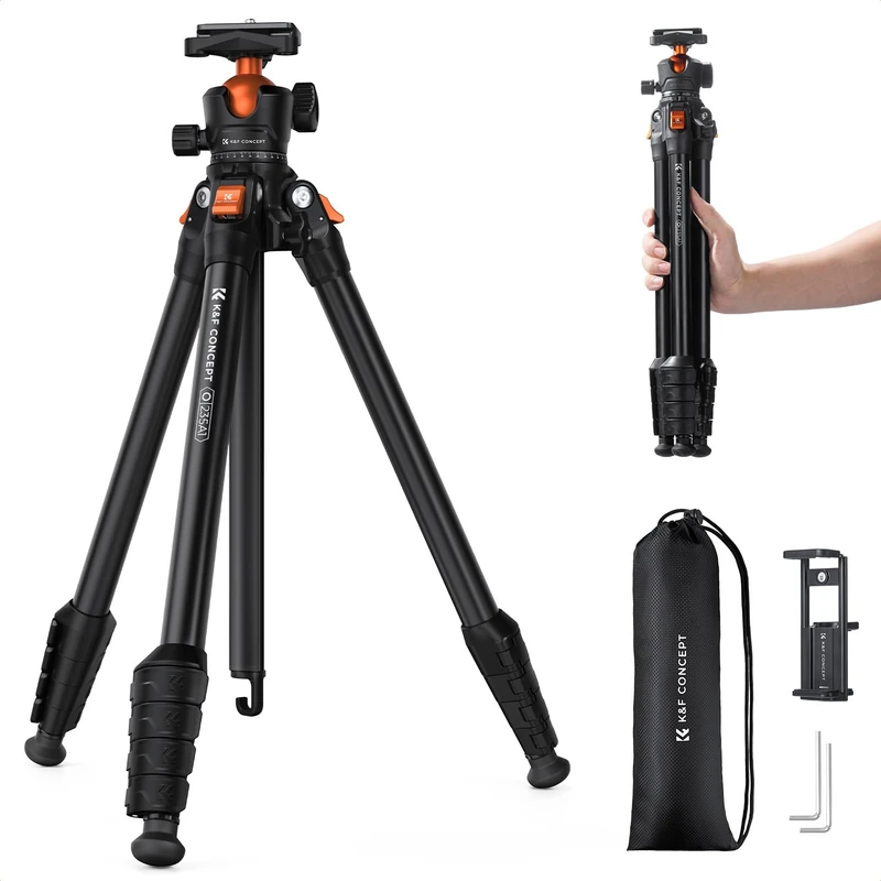 K&F CONCEPT 64"/163cm Compact Camera Tripod, Lightweight Travel Tripod for DSLR Camera and Phone, Video Tripod Stand with Phone Clip, Bluetooth, Compatible with Canon/Sony/Nikon Camera, 10KG Load