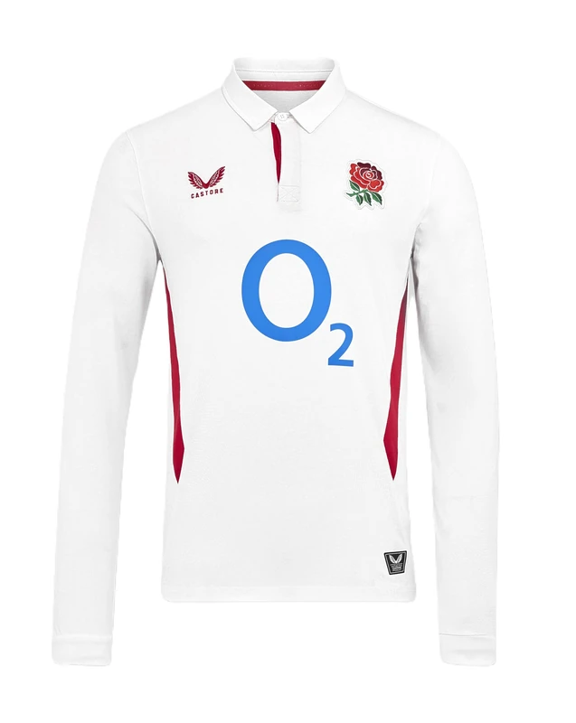 England Rugby Castore Men's Home Classic Long Sleeve Shirt, Brilliant White/Lipstick Red, L