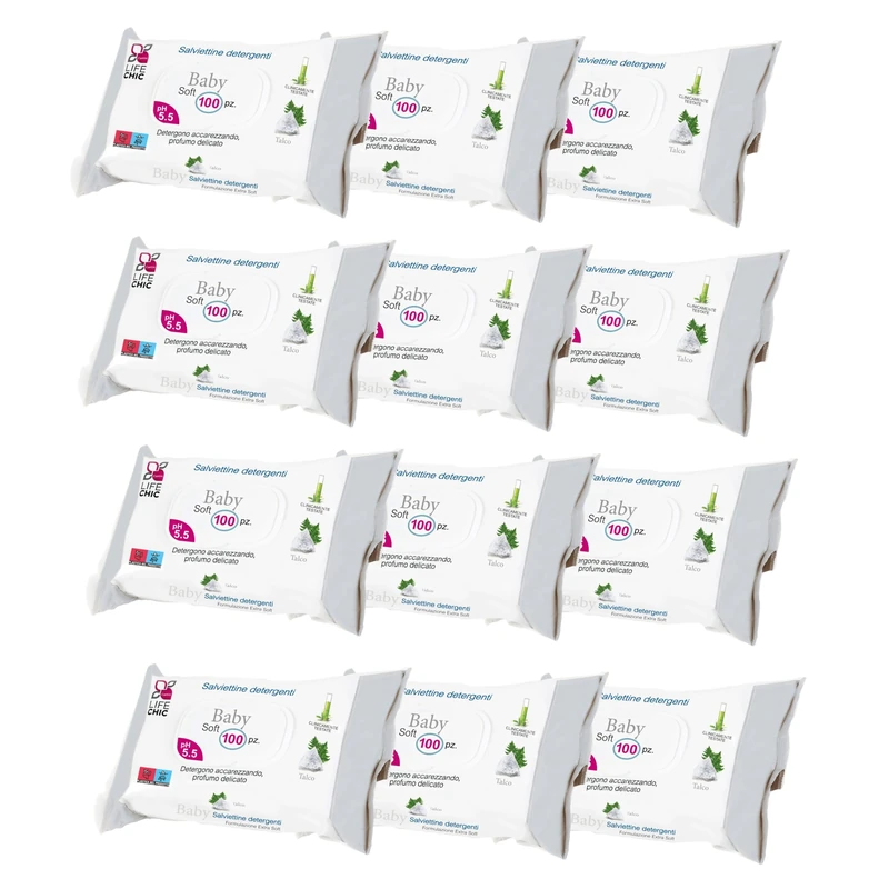 LifeChic Baby Wipes with Talc for Sensitive Skin, Alcohol Free, Skin-Friendly, pH 5.5, Delicately Fragranced, 1200 Pieces (12 Packs)